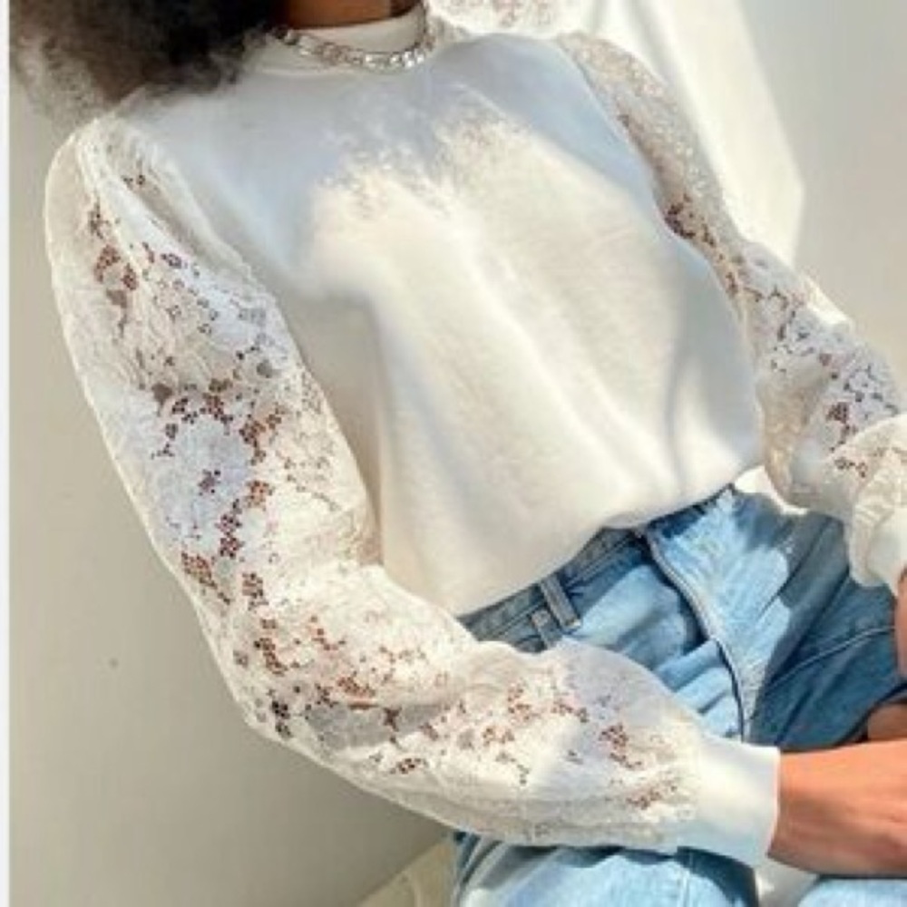 CAMI NYC White Risa Lace Sleeve Sweatshirt XS - Picture 11 of 11